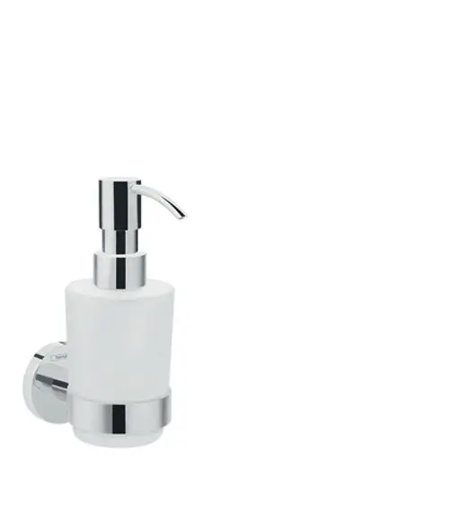 Hansgrohe Lotionenspender in Chrom-Optik. Der Spender hat eine weiße, runde Form und ist an der Wand befestigt. Er dient zur Dosierung von Flüssigkeiten.